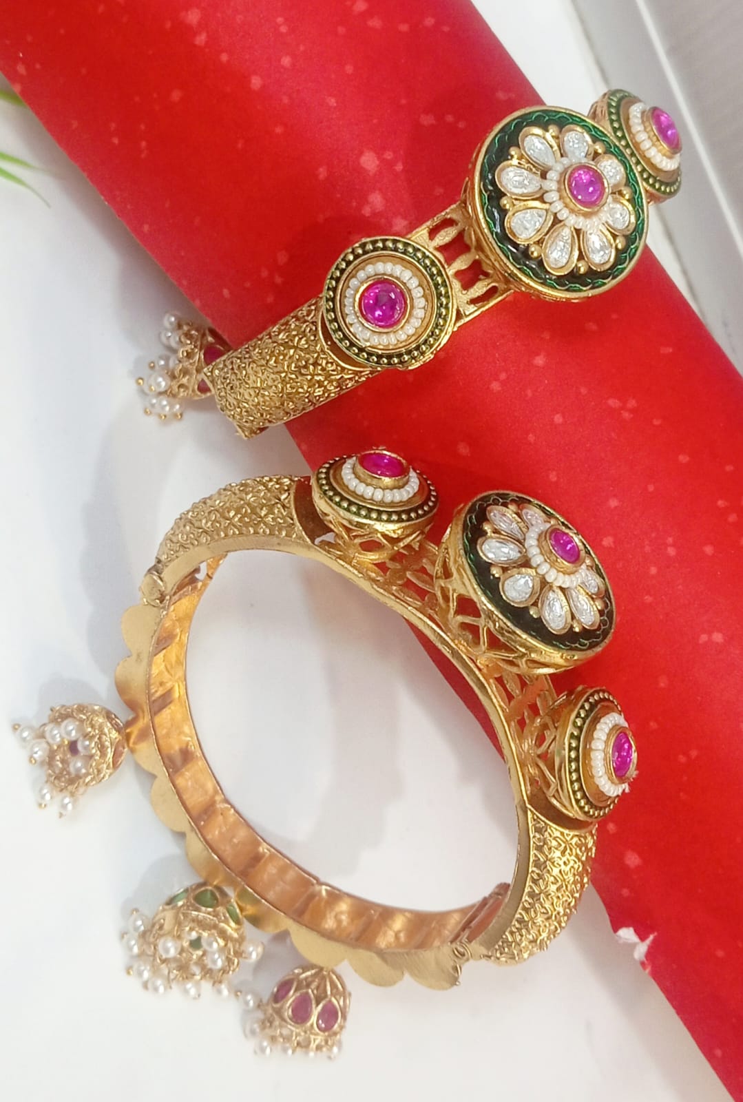 Gold Bracelet With Pink And White Gems