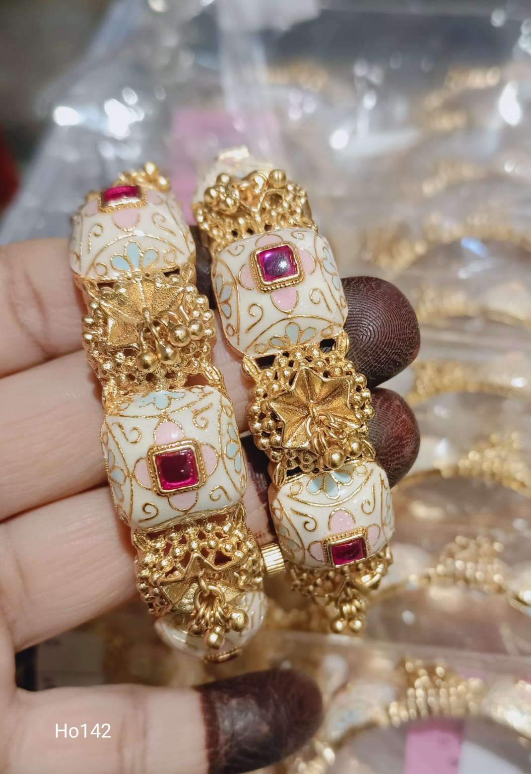 Patterned Enamel And Gemstone Bracelets With Gold Accents
