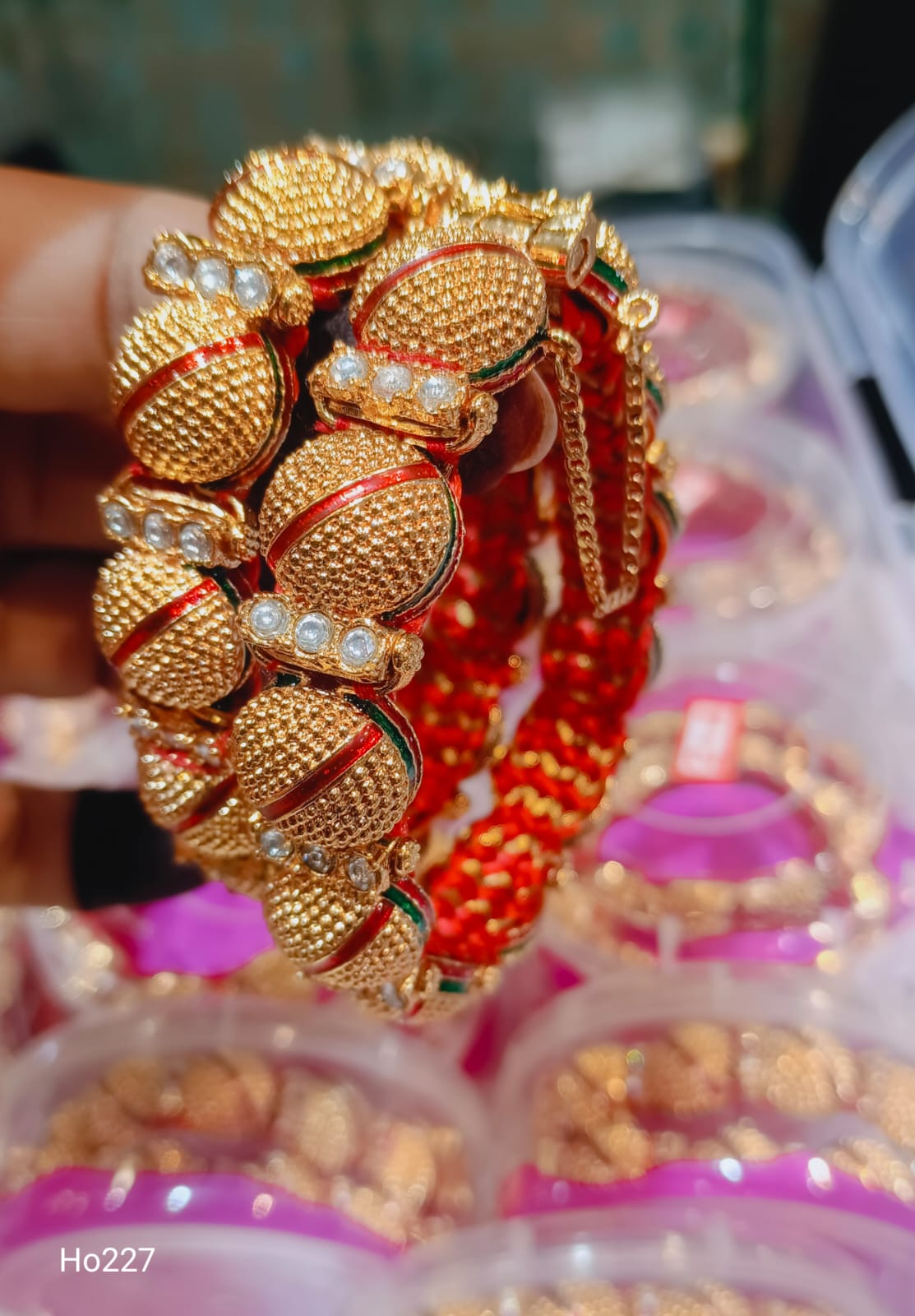 Red And Gold Bangle Bracelets With Pearls
