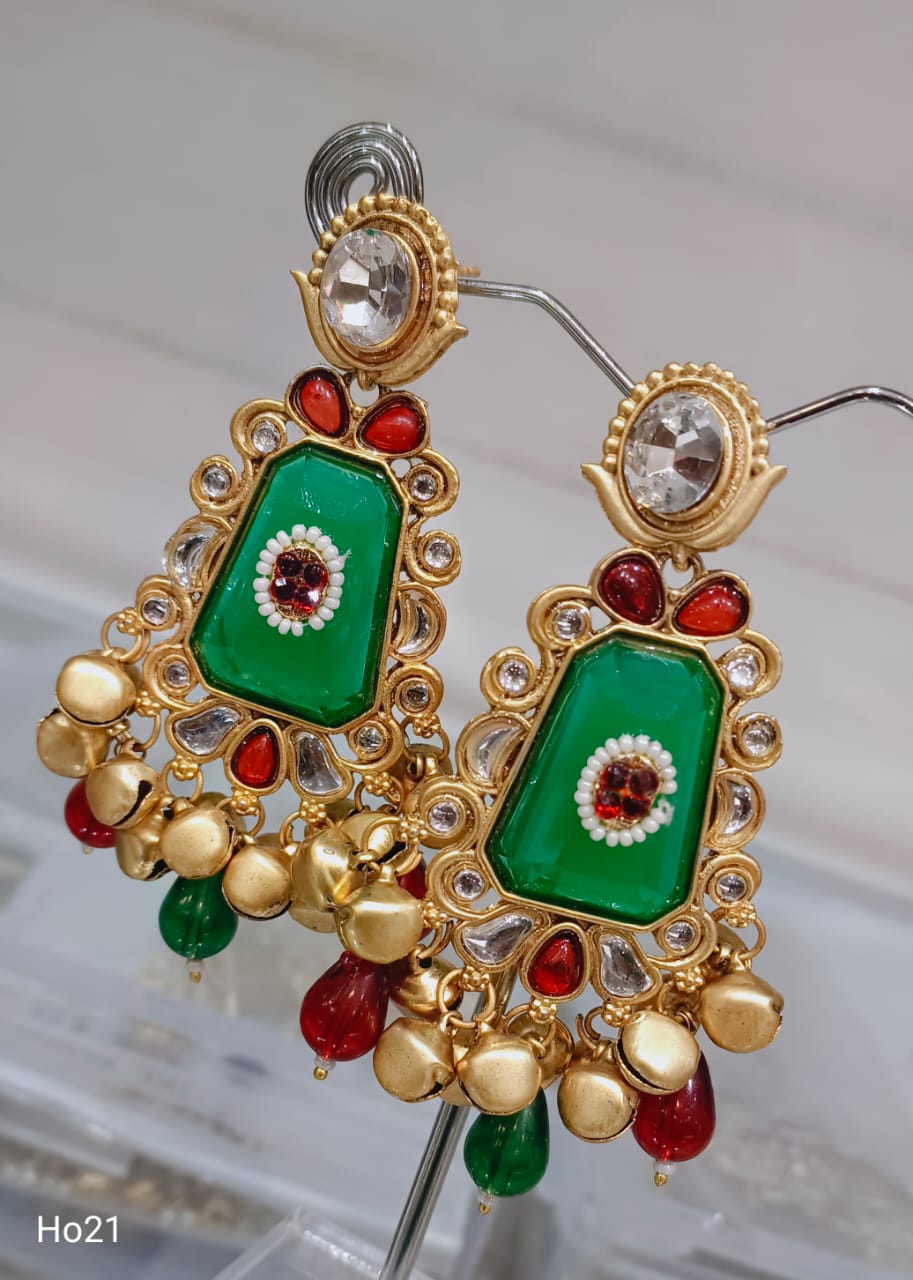 Green Gemstone Earrings With Gold Accents And Red Gems