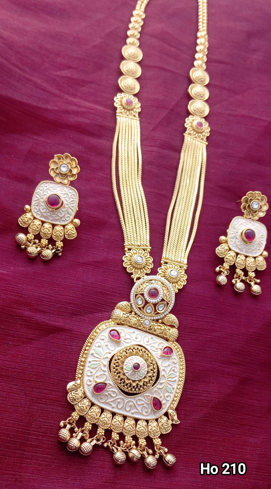 Swarovski Gold Plated Long Necklace With Red Stones And Pearls